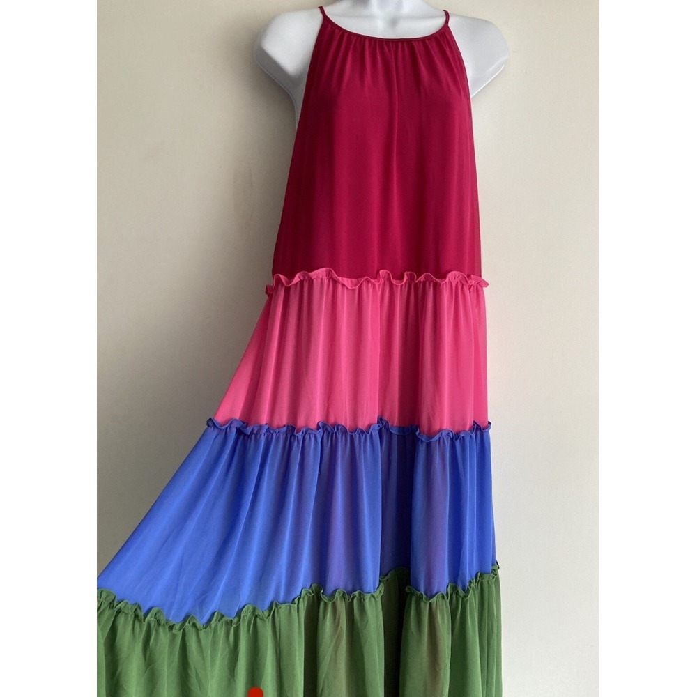 Chico's 1P Maxi Dress Color Block Ruffle Halter Sleeveless Party‎ Dress Petite M - Picture 4 of 16